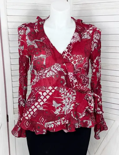 Sunny Leigh Ruffled Patchwork Floral Crinkle Chiffon Wrap Blouse Red Large