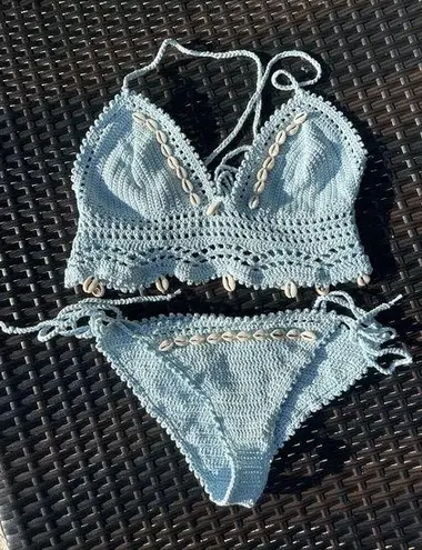 Crochet top and bottom baby blue with seashells bikini swim set Size undefined
