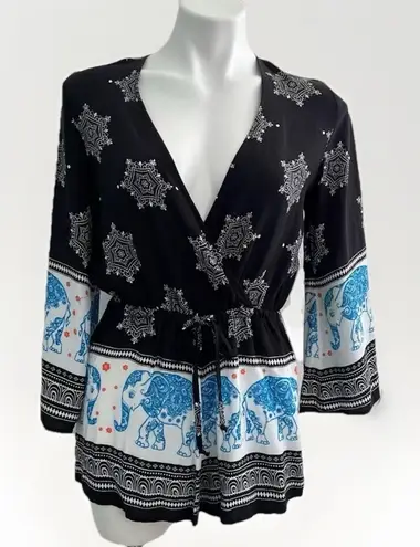 Bohemian Elephant Romper jumpsuit Medium Long bell Sleeve NWT Black