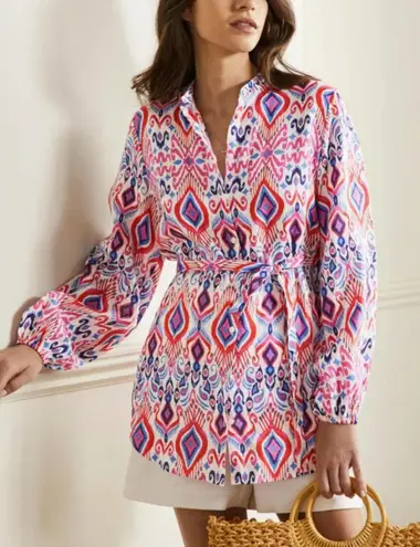 Boden rosie 100% linen tunic top button front multicolor ikat size 10R preppy Red