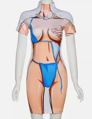 Jireh Body Art Print Turtleneck Short Sleeve Bodycon Mini Dress