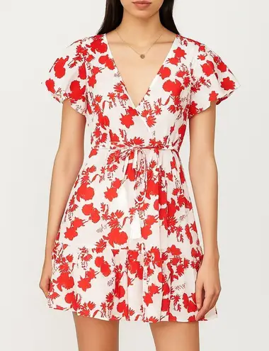 Aakaa Floral Mini Wrap Dress Red Small Ruffle Garden Party Coquette Beach Vacay