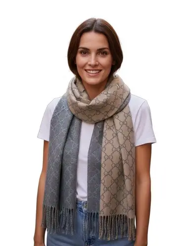 Orinal 2 Tone Printed Wool Blend Fringe Trim Blanket Scarf Gray One Size Preppy