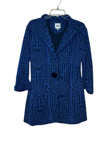 Luii Women's Jacket Textured Geometric Print Big Button Mid Length Blue Medium
