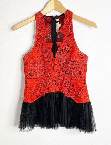 Jonathan Simkhai Red / Black Lace and Tulle Peplum Top Size 2