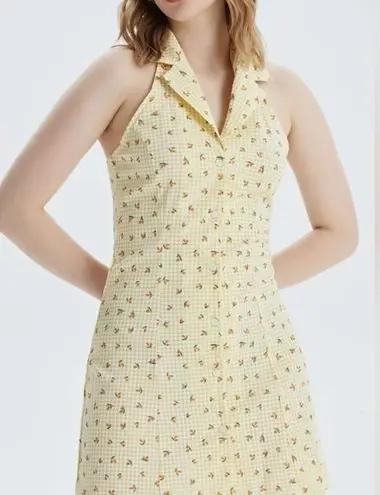 Cider M Ditsy Lapel Halter Dress Khaki NWT