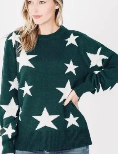 Zenana Hunter Green Star Knit Sweater + Bonus Mask