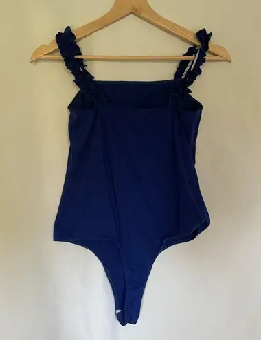 Saints 21 Ribbed Blue Sleeveless Bodysuit With Ruffle Straps women's size small Size M