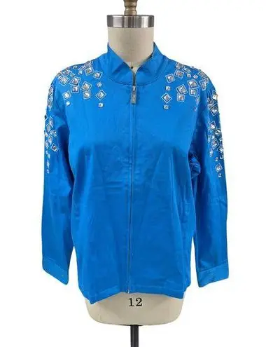Bob Mackie VTG 90s Cotton Blend Zip Jacket Blue Silver Rhinestone Accents NWT XL
