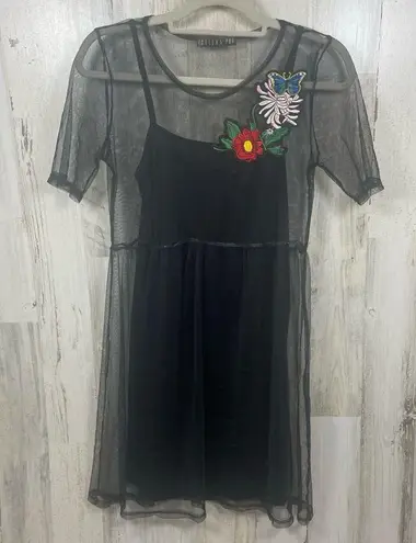 potter's pot Mini Dress Black Sheer Floral Embroidered size S Whimsygoth