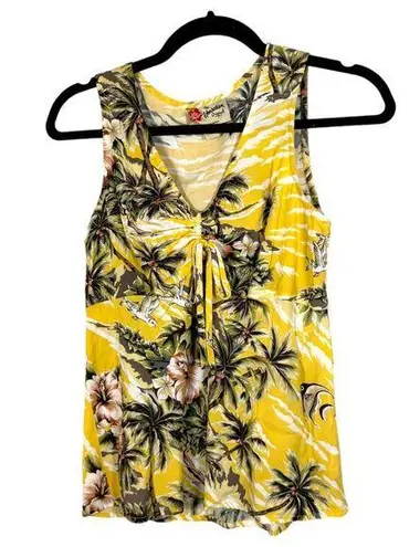 Hilo Hattie Yellow Hawaiian Floral Tropical Cinched Sleeveless Blouse Small