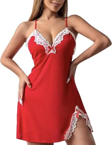 UNBRANDED Red And White Lace Chemise Babydoll Nightgown Size 2X