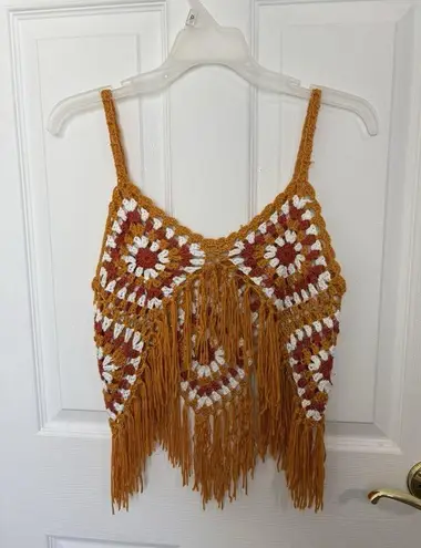 Crocheted Crop Top with Tassels Boho Granny Square Sz Medium Festival Hippie