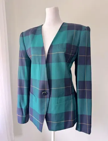 Vintage ‘90s Sassco Teal & Navy Blue Plaid Collarless Single Breasted Blazer Size M