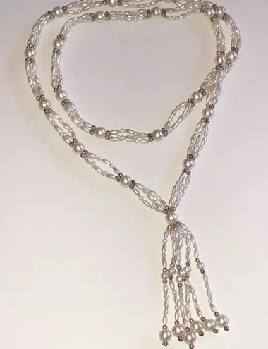 Elegant Vintage White Faux Pearl Gold Tone Beaded Boho Tassel Fringe Necklace