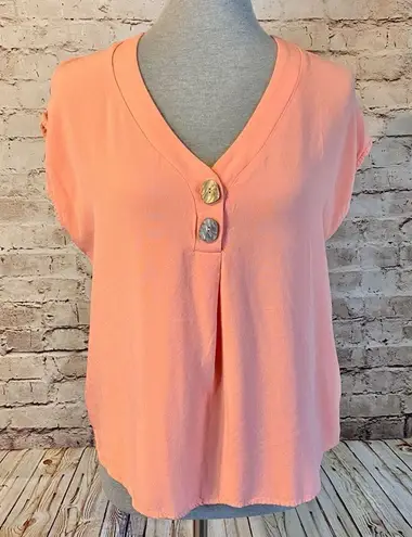 Lascana Womens Blouse Top Short Sleeve V Neck Abalone Button Coral Orange 10