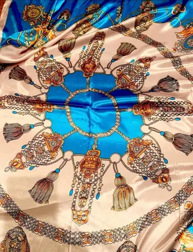 Tassel Rope Pattern silk Scarf baby pink /turquoise SQUARE SILKY SCARF 35/35 Blue