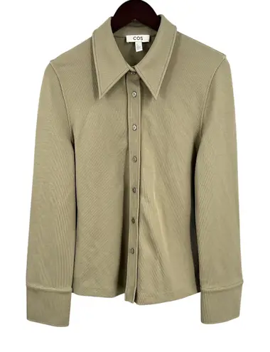 COS Khaki Button Down Shirt Stretchy Minimalist Neutral Office Size Small
