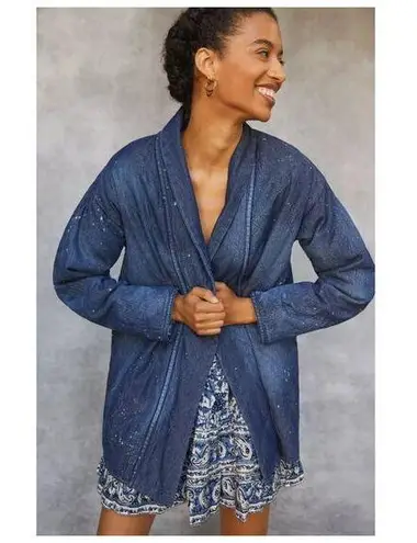 Pilcro Anthropologie Quilted Denim Kimono Jacket Paint Splatter Size XS