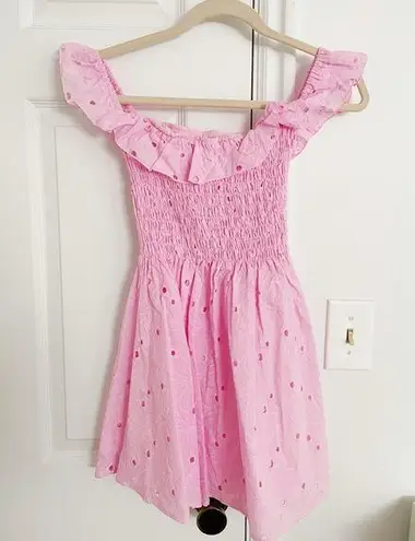 Dolls Kill  Cottagecore Princess Pink Off Shoulder Eyelet Lace Pink Mini Dress