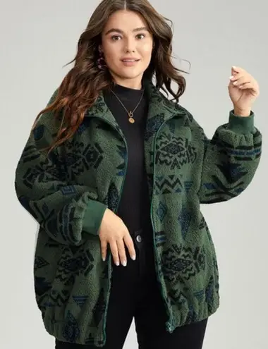 Bloomchic Green Black Sz 10 Aztec‎ Print Sherpa Fleece Jacket Full Zip Cozy Fall