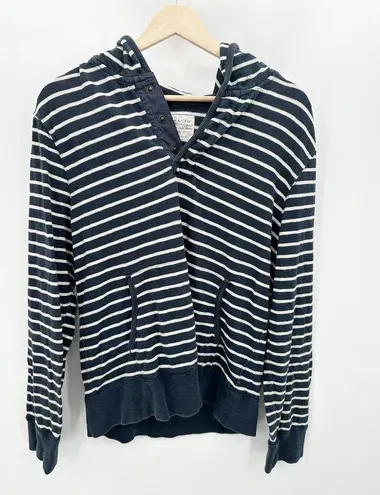 J.Crew Factory Hoodie Women MEDIUM Navy Blue White Striped 100% Cotton Pullover