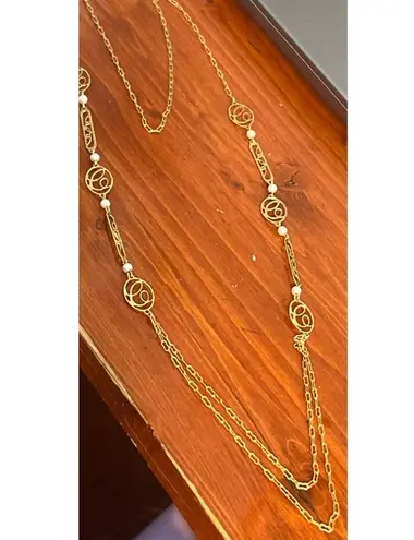 Vintage Gold Tone Avon Necklace Script Initial C Faux Pearl No Clasp Estate 31"