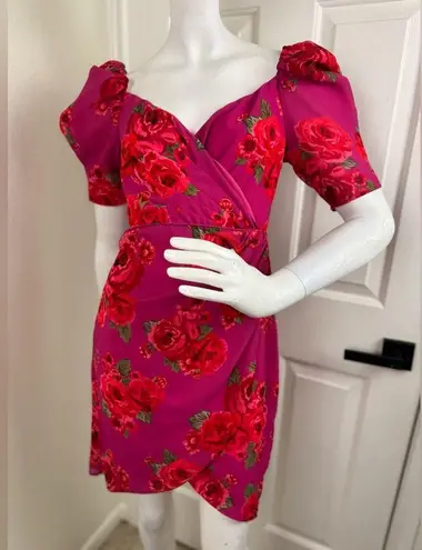 LPA Araceli Floral Puff Sleeve Wrap Mini Dress In Pink Size SMALL. B40