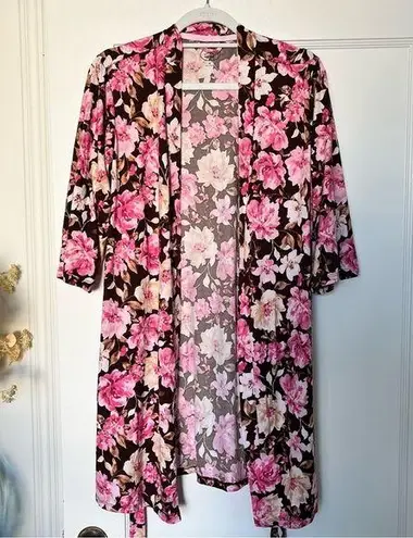 Laura Ashley  Pink Brown Floral Intimates Sleep Lounge Robe with Sleep Shorts M