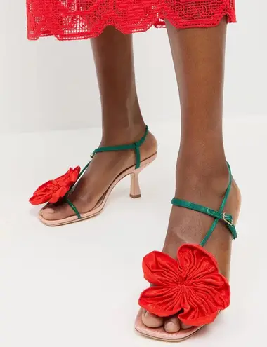 Loeffler Randall NEW NIB Frank Flower Appliqué Heeled Sandal Nude/Green/Red