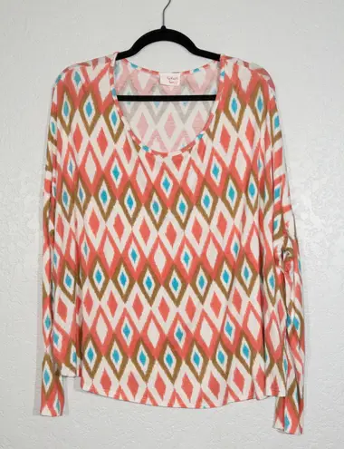 Fantastic Fawn Coral & Turquoise Ikat Diamond Print Top Size Medium