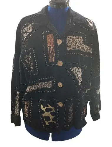 NEW DIRECTION. Woman’s Black Shacket, Size Large, patchworks of animal print Black