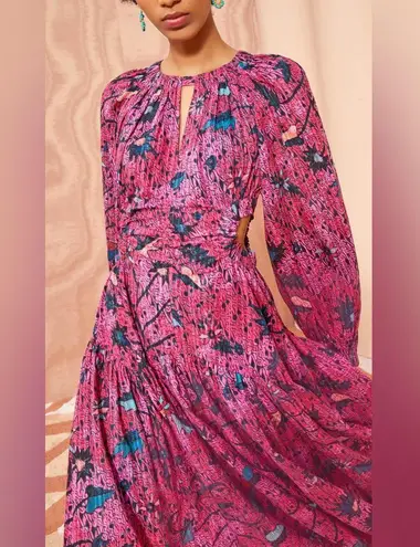 Ulla Johnson Helia Ruched Print Cotton Midi Dress Pink Snapdragon Size 2 Cut Out
