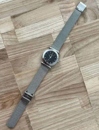 Skagen Steel Denmark Ladies Watch Stainless Mesh Bracelet Black Dial Crystals