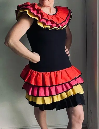 Vintage 80s Ruffle Fiesta Dress Colorblock Tiered Mini Carmen Miranda Vibes Black Size 4