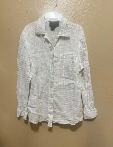 Leslie Fay Diane Gilman 100% Linen Striped Button Down Shirt Womens M Collared Casual Top