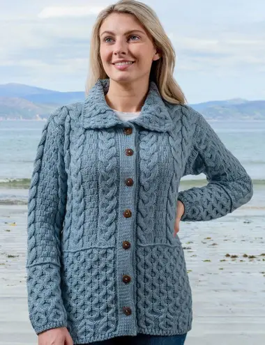 Aran Wool Honeycomb Button Up Cardigan Misty Marl Blue Size XS