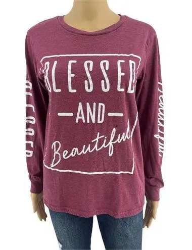 On Fire  (L) Burgundy Red Blessed and Beautiful Long Sleeve Tee Shirt