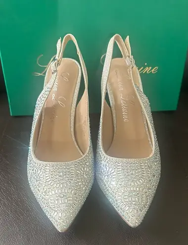 Lauren Lorraine Rachel Silver Shimmer Pointed Toe Embellished Slingback Pumps
