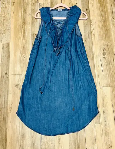 Ethereal boutique Lace Up Frill Neck Chambray denim Dress sz small