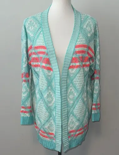 Rolypoly Aqua and Coral Aztec Patterned Open Front Knit Cardigan Women's M Blue Size M