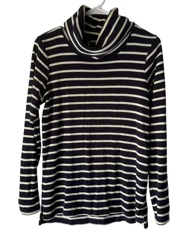 LL Bean Sweater Womens Small Navy White Striped Cowl Neck Pullover Top Preppy Blue