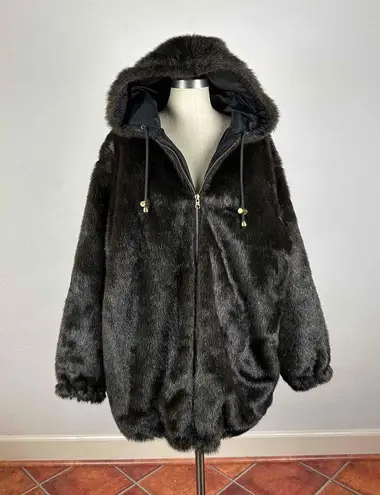 Charles Klein Hooded Reversible Faux Fur / Silk Coat Size 3X Black