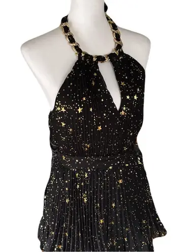 Alex Marie NWT Black and Gold Tiered Pleated Halter Maxi Dress – Size 4