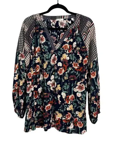 JODIFL ‎ Floral Mixed Boho Print Balloon Sleeve Top Flowy Relaxed V-Neck Medium - Image 1