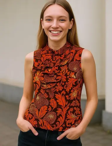 Anna Sui Gold Metallic Burnout Floral Sleeveless High Neck Blouse Size XS