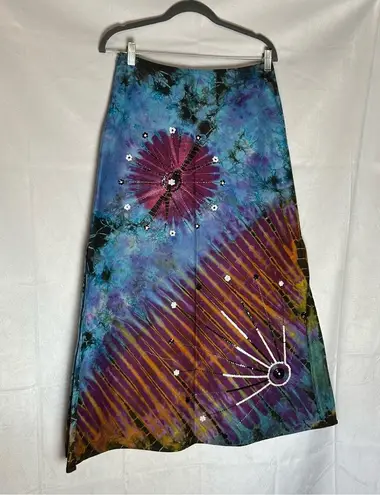Lugano Tie Dye Sequin Detail Slit Side Maxi Skirt Size Large Blue