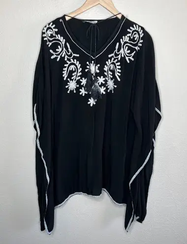 Salty Lemon Black Embroidered Boho Poncho Tunic Tassel Tie Top OS