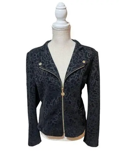 Anne Klein Black Velvet Leopard Print Zip Up Gold Hardware Jacket Blazer Size M