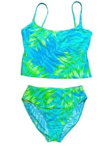 Vtg Y2K Tankini Swim Set Sz 12 Neon Abstract Palm Print High Rise Blue